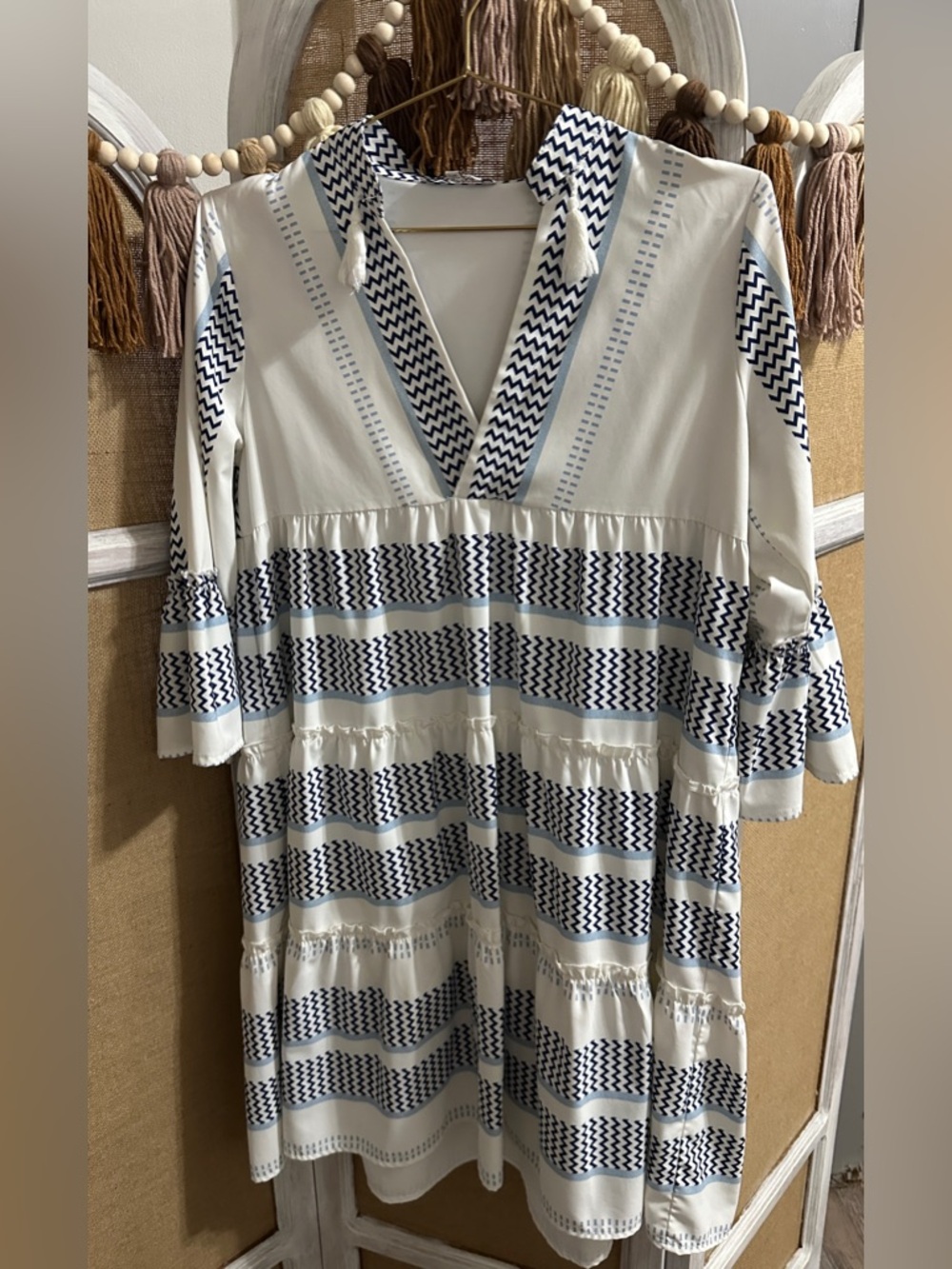 Women's White and Navy Patterned V-Neck Tiered Dress